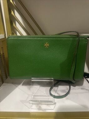 Tory Burch Green Pebbled Leather Crossbody Wallet with Gold Logo